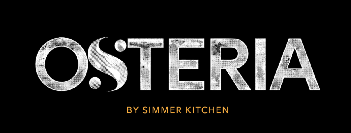 Logo for Osteria by Simmer Kitchen in black, white, and gold lettering.