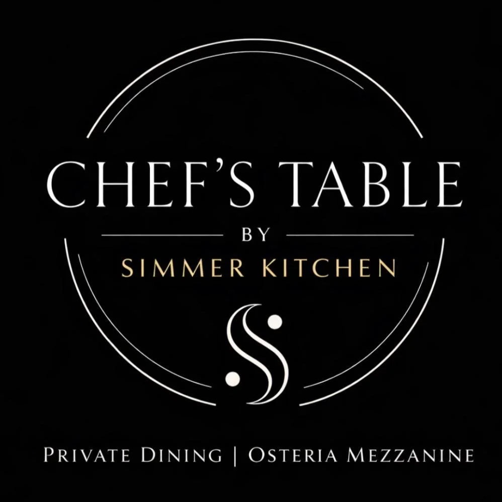 Logo for Chef's Table by Simmer Kitchen, featuring a stylized swirl design and text indicating private dining and Osteria Mezzanine.