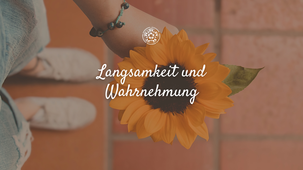 Person hält eine Sonnenblume in der Hand, im Hintergrund ein Boden aus Ziegelsteinen und ein Bein in weißen Turnschuhen. Text auf dem Bild: "Langsamkeit und Wahrnehmung".