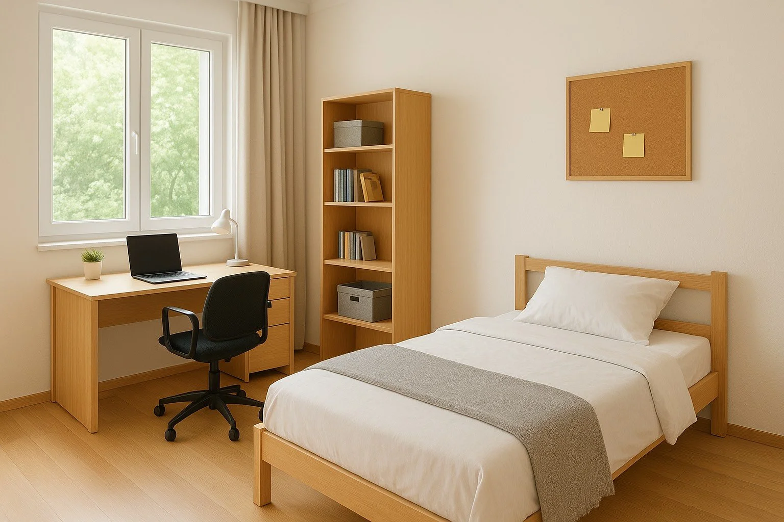 Chambre simple avec lit, bureau avec ordinateur portable, étagère en bois, et tableau de liège mural.