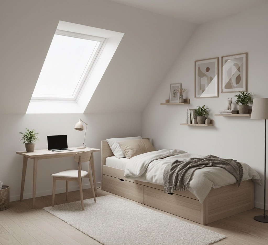 Chambre minimaliste avec un lit, bureau, motifs abstraits accrochés, étagères avec des plantes, et une fenêtre de toit, décorée en nuances de beige et blanc.
