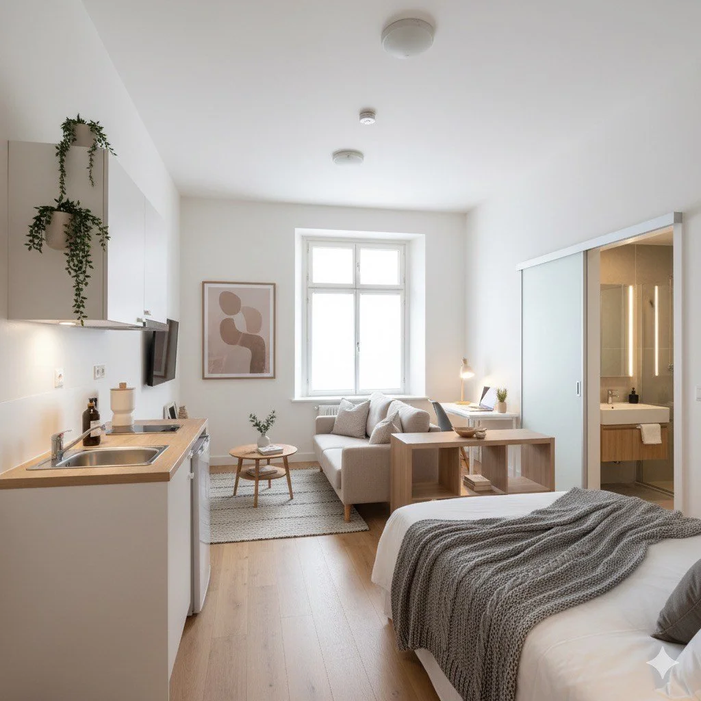 Studio moderne avec lit, coin cuisine, canapé, bureau près de la fenêtre et salle de bains visible à travers une porte coulissante.