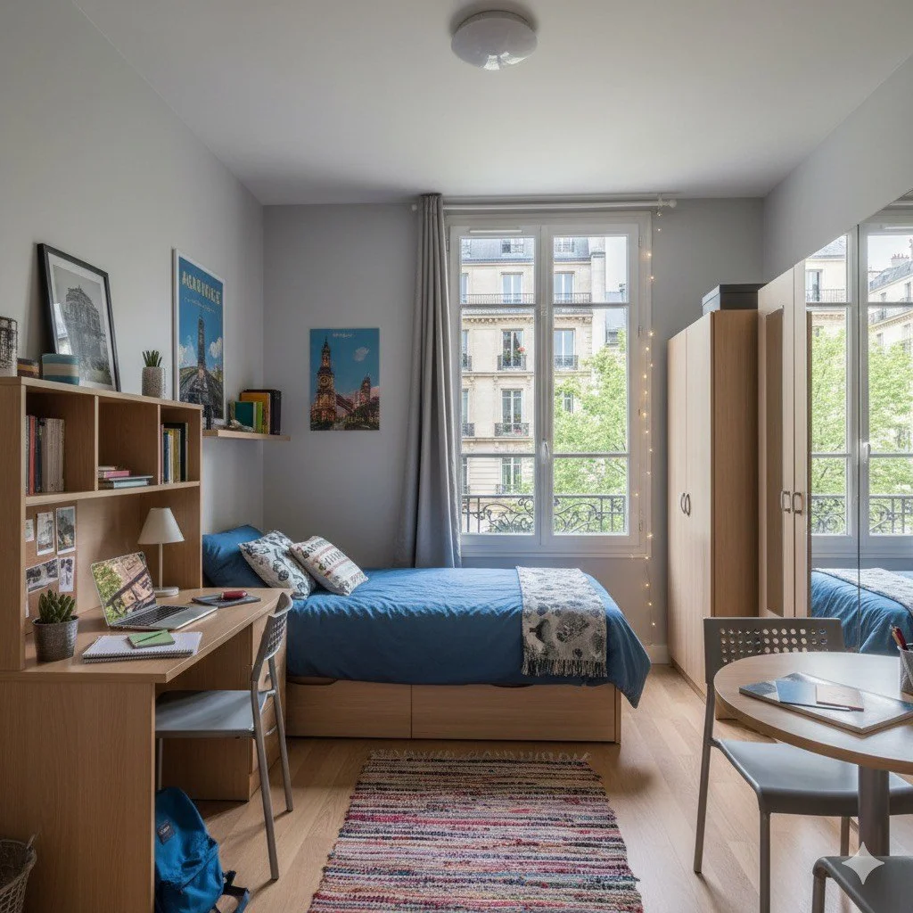 Chambre étudiante lumineuse avec lit, bureau, étagères, armoire, et décoration murale.