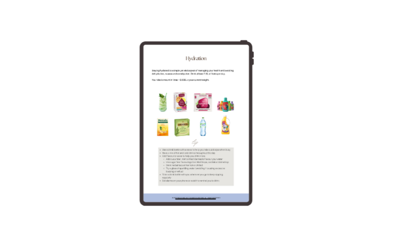 A digital document about hydration featuring various beverages and drinks, including water, juice, and flavored drinks.