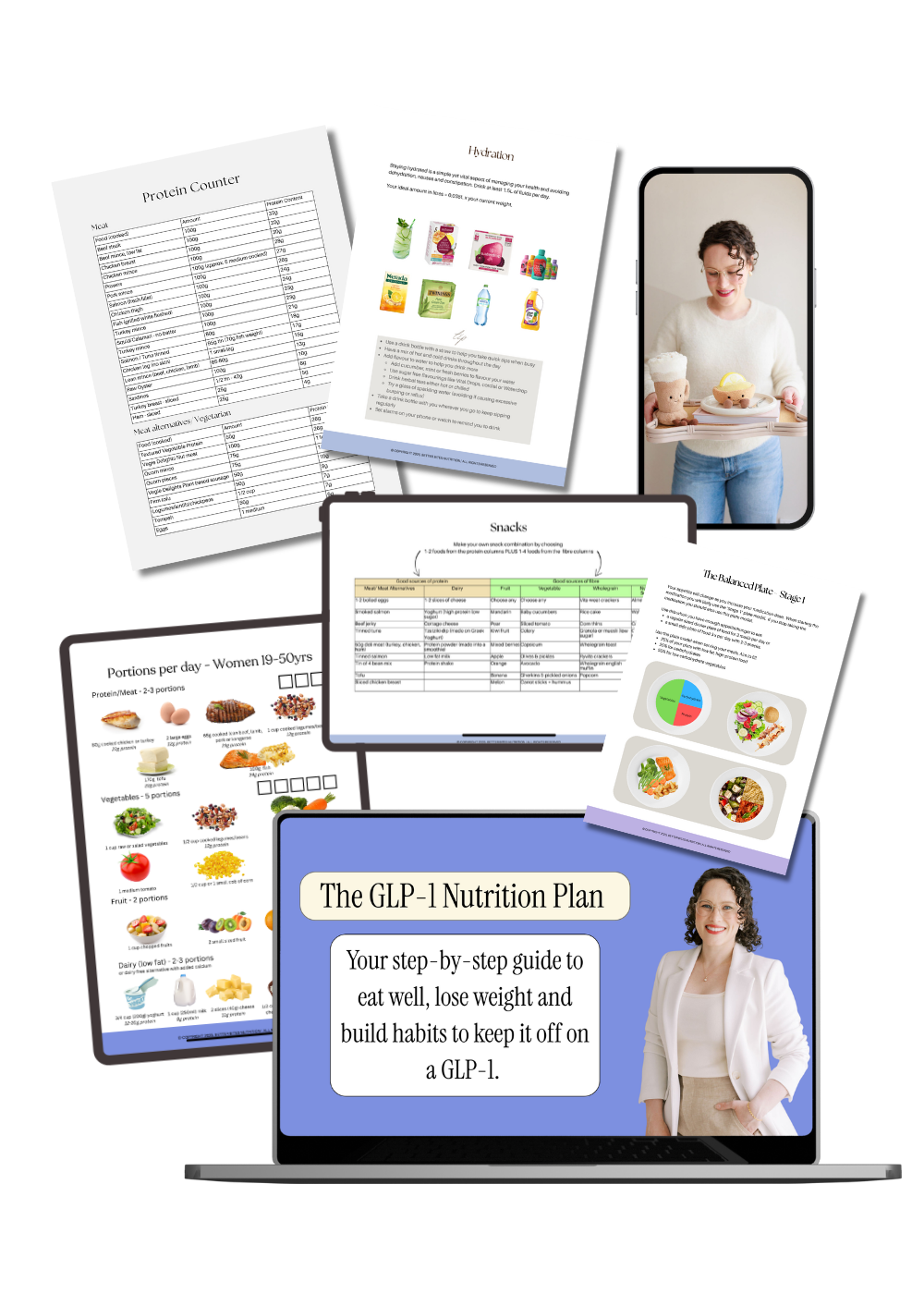 A collection of dietary and nutrition planning materials including a laptop displaying a slide titled 'The GLP-1 Nutrition Plan,' photos of a woman holding cupcakes, a smartphone showing a video call with the same woman, printed charts of protein counters, hydration tips, snack options, portions, and food themes, and a sheet with a hydration guide.