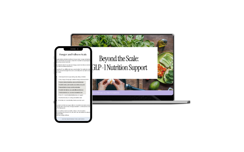 A laptop and a smartphone displaying a presentation titled 'Beyond the Scale: GLP-1 Nutrition Support' with healthy foods like vegetables in the background.