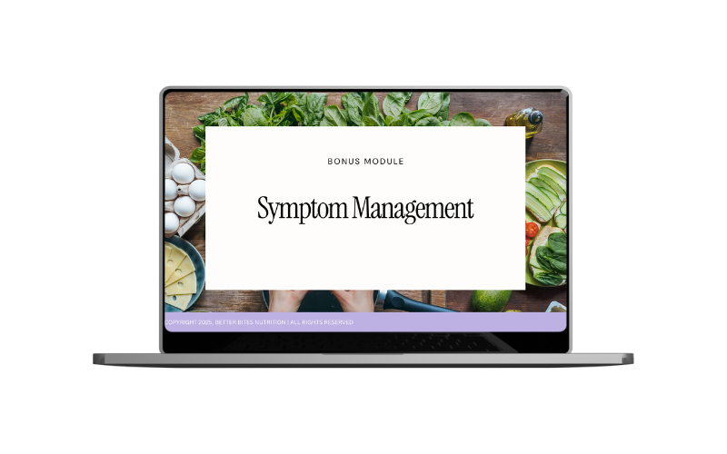 Laptop screen displaying a presentation slide titled 'Symptom Management' with a background of fresh vegetables and eggs.