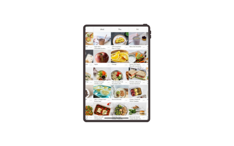 Smartphone screen displaying a grocery shopping app with images of various food items and recipes.