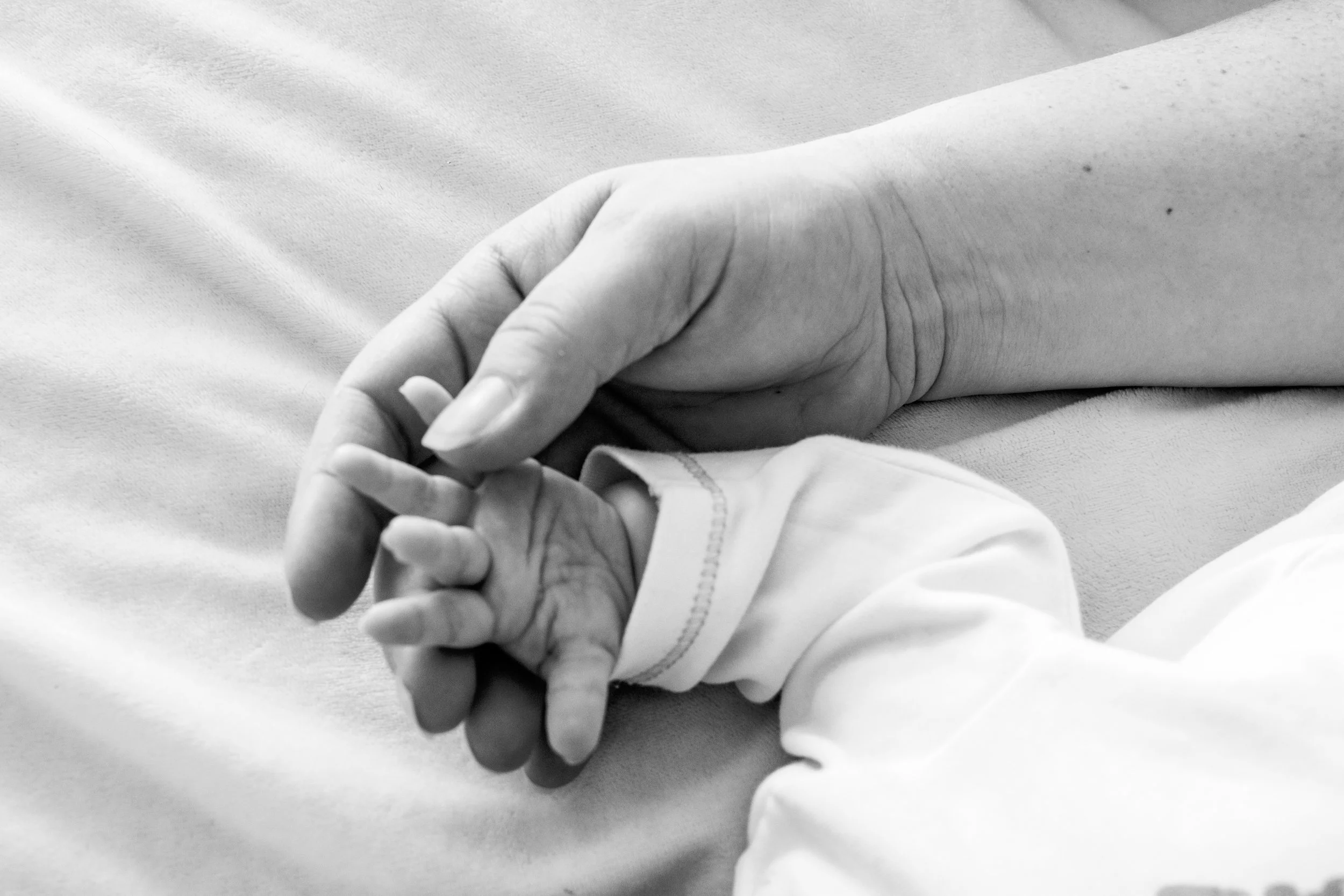 Nahaufnahme einer Hand, die eine kleine Hand eines Babys hält, in Schwarz-Weiß-Aufnahme auf einem weichen Untergrund.