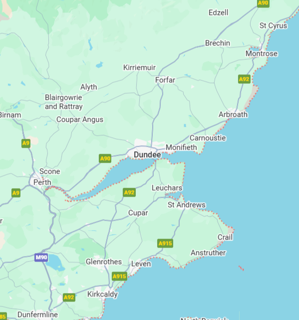 Map of northeastern Scotland showing cities Dundee, Perth, Angus and Fife areas to show our area of operation.