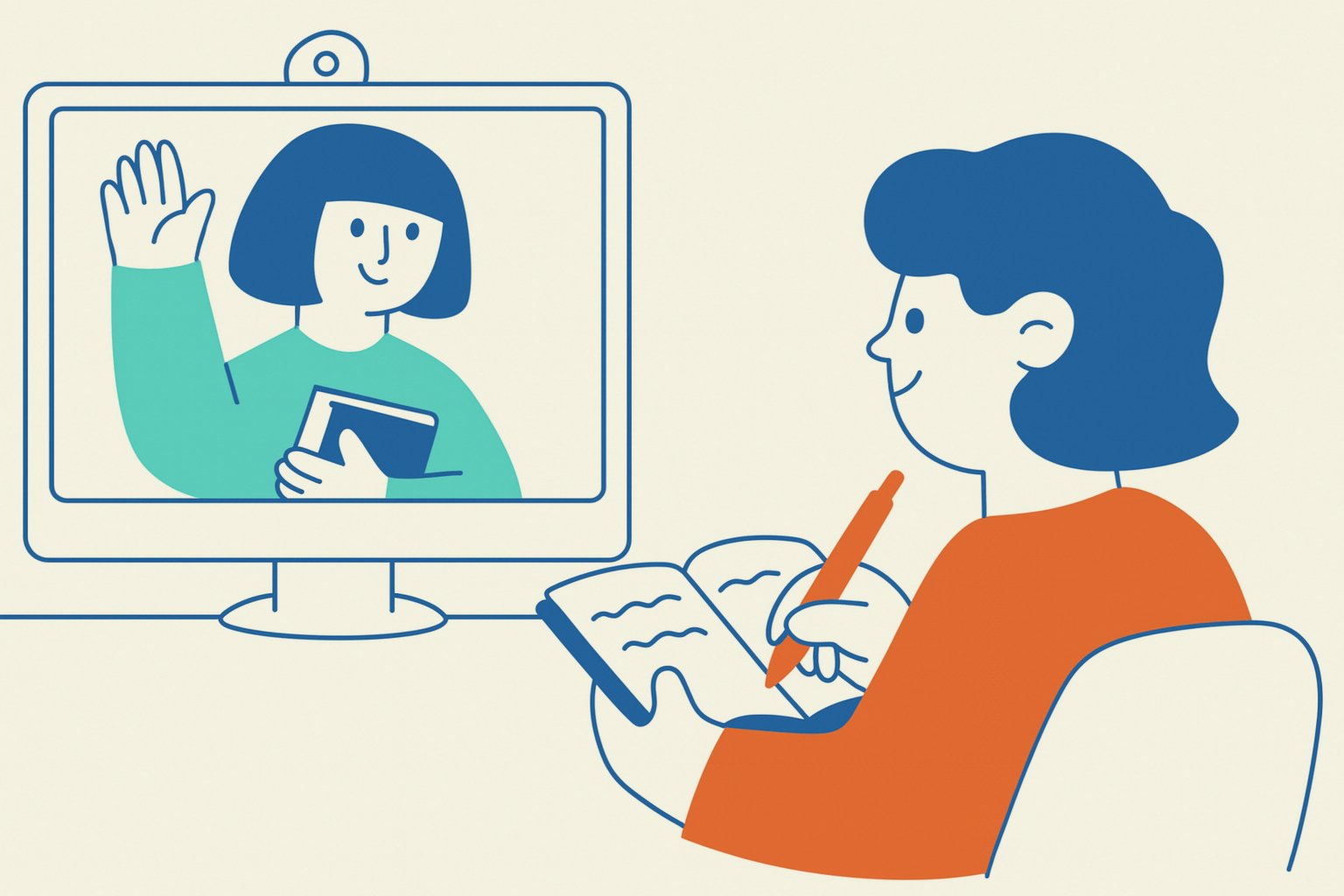 A digital illustration of a person with dark blue hair writing in a notebook while participating in a virtual call on a computer, where a woman with short dark hair is waving and holding a book.