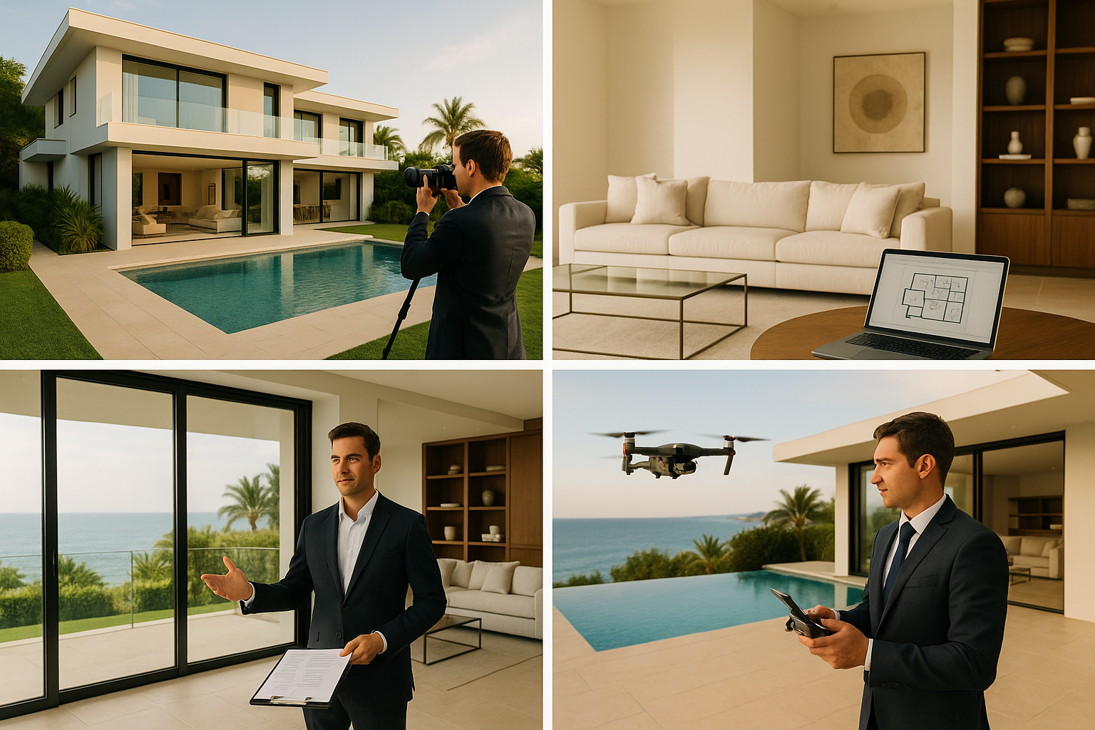 Collage of four images: A modern house with a pool and man with a camera outside, a living room with a laptop and sofa, a man in business attire with a clipboard inside near large windows overlooking the ocean, and a man in a suit flying a drone over a poolside scene.