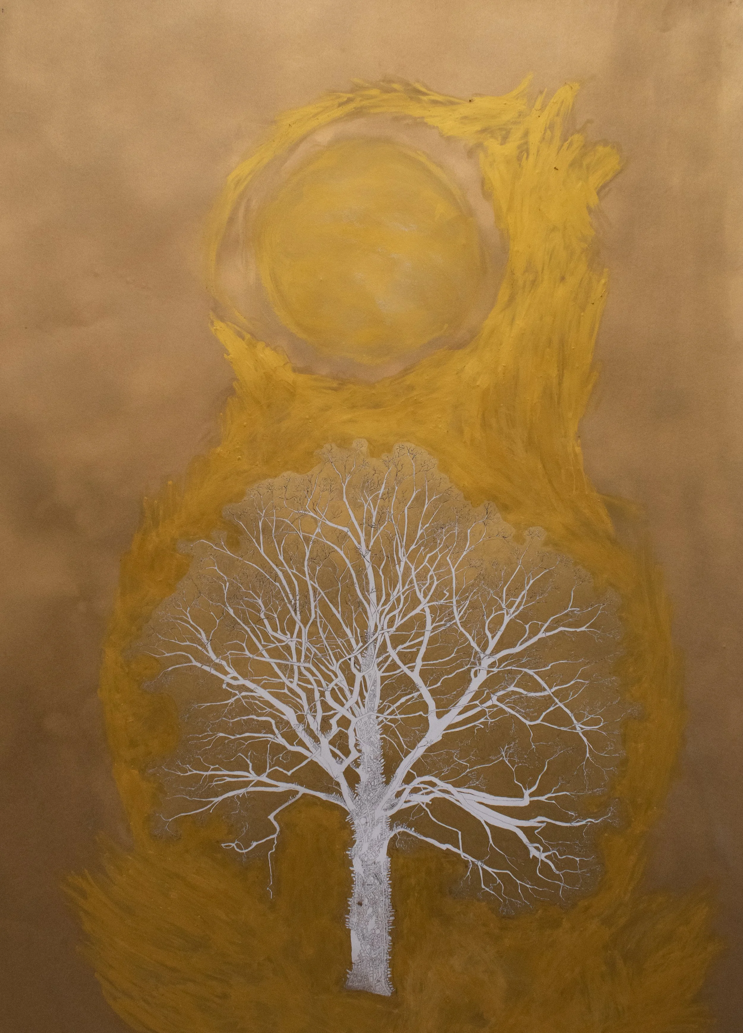 Yggdrassil Overgrown 2 - 2023 - Pen, gold paint and gold leaf on paper - 150cm x 100cm