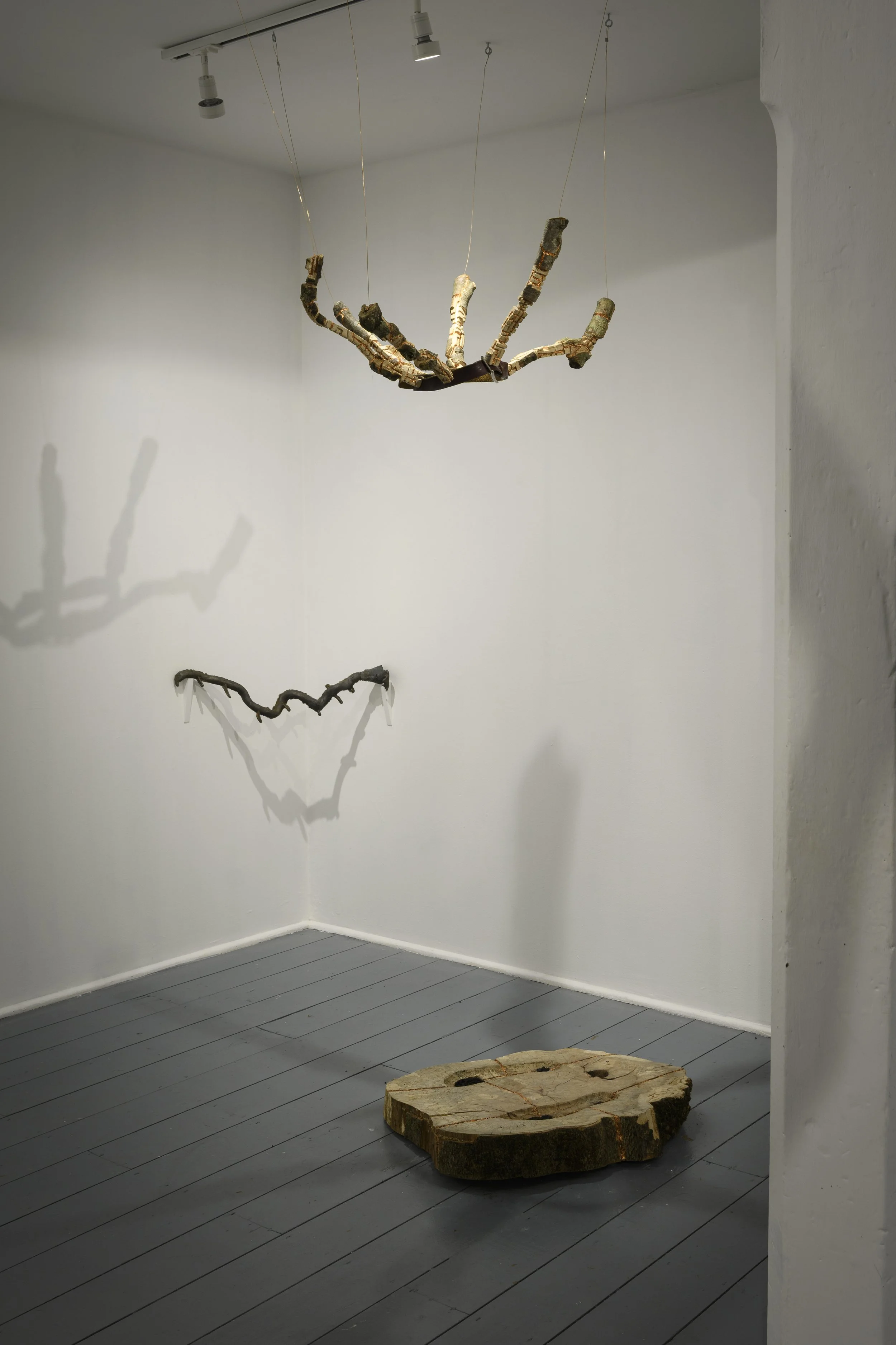Awaiting - 2025 - Carved wood, charcoal and copper leaf - 190cm x 57cm x 64cm. Photo: Seán Daly (c).