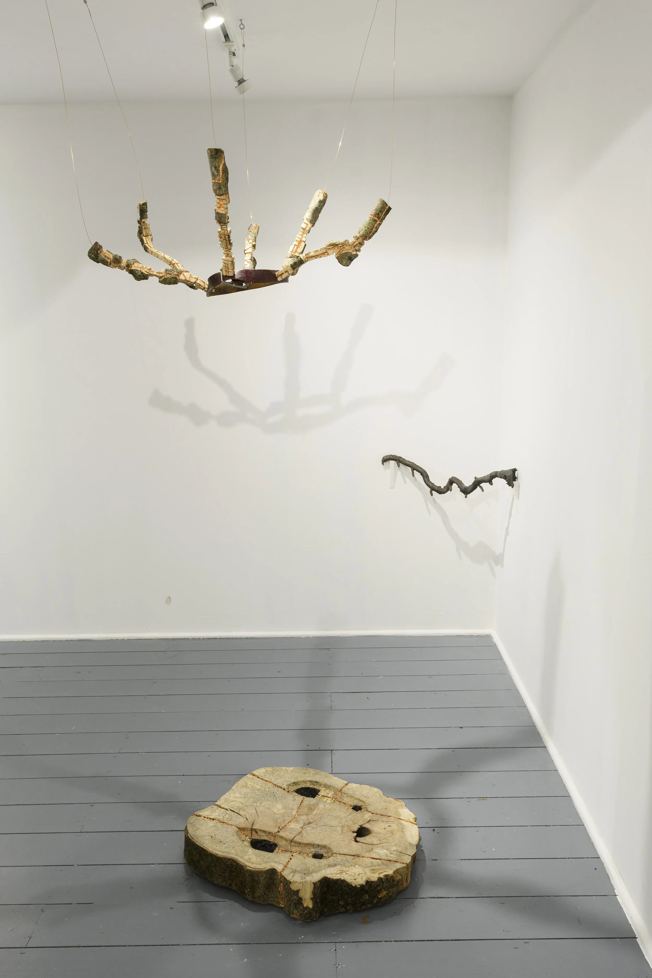 Awaiting - 2025 - Carved wood, charcoal and copper leaf - 190cm x 57cm x 64cm. Photo: Seán Daly (c). 
