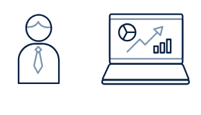 Simple illustration of a business person and a laptop displaying a growth chart and pie chart.