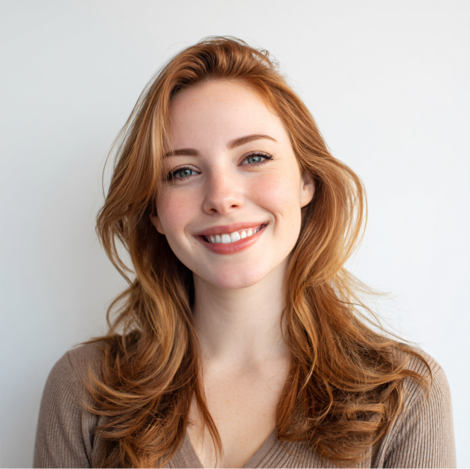 Close-up portrait of a young woman with red hair, blue eyes, and a warm smile, wearing a beige top, against a plain white background.