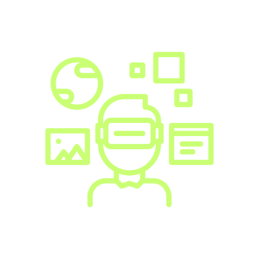 Line drawing of a person using virtual reality headset with clock and picture icons around their head.