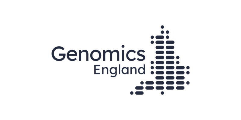 Logo of Genomics England featuring a stylized map of England made of dots, with the words "Genomics England" beside it.