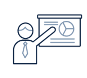 A person in business attire giving a presentation in front of a screen displaying a pie chart and bar graph.