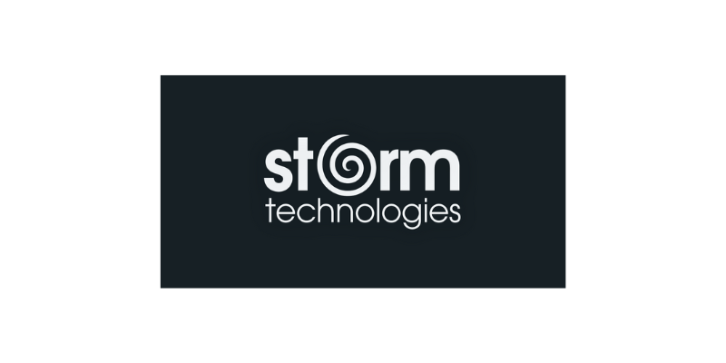 Storm Technologies logo with a swirl in the letter 'o' of 'storm' on a dark background.