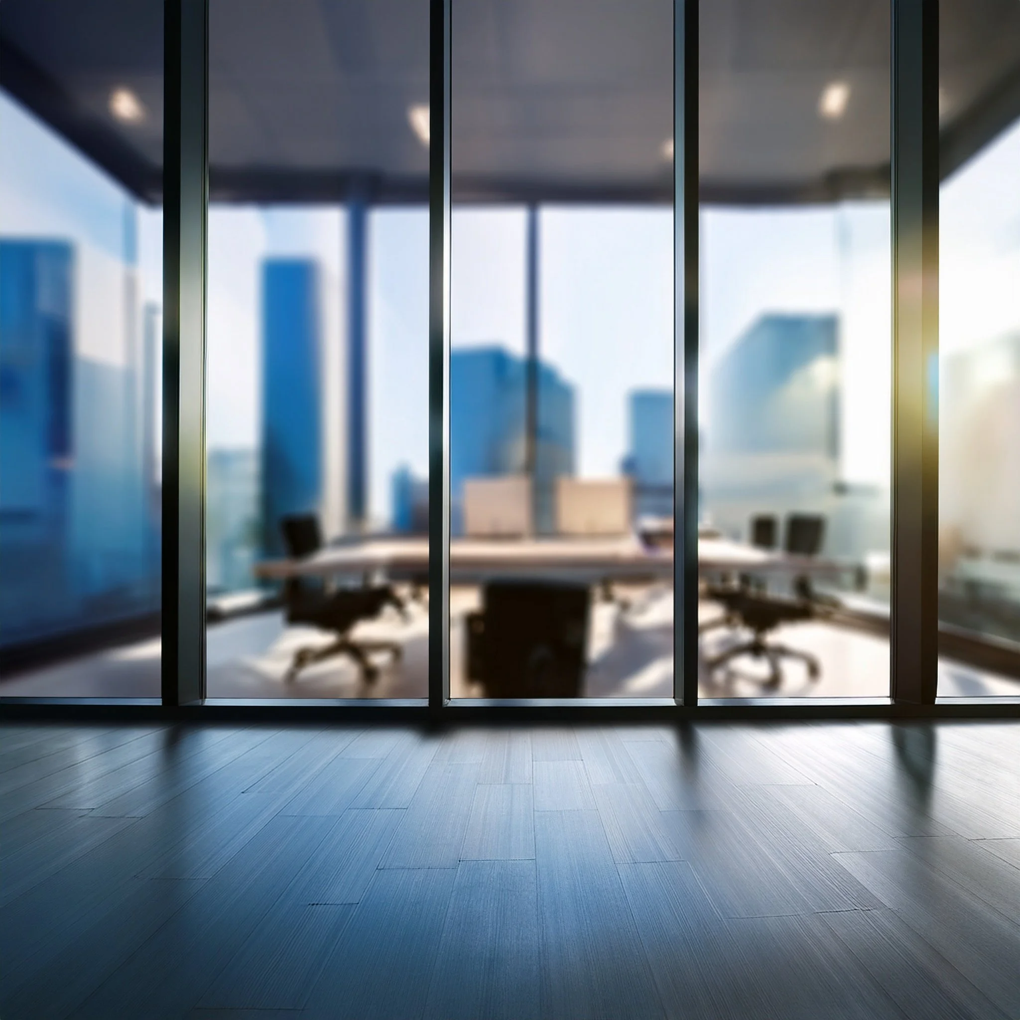 View from inside a modern office with dark wood flooring, looking through large glass windows at a city skyline with office buildings, and a conference table with chairs in the background.