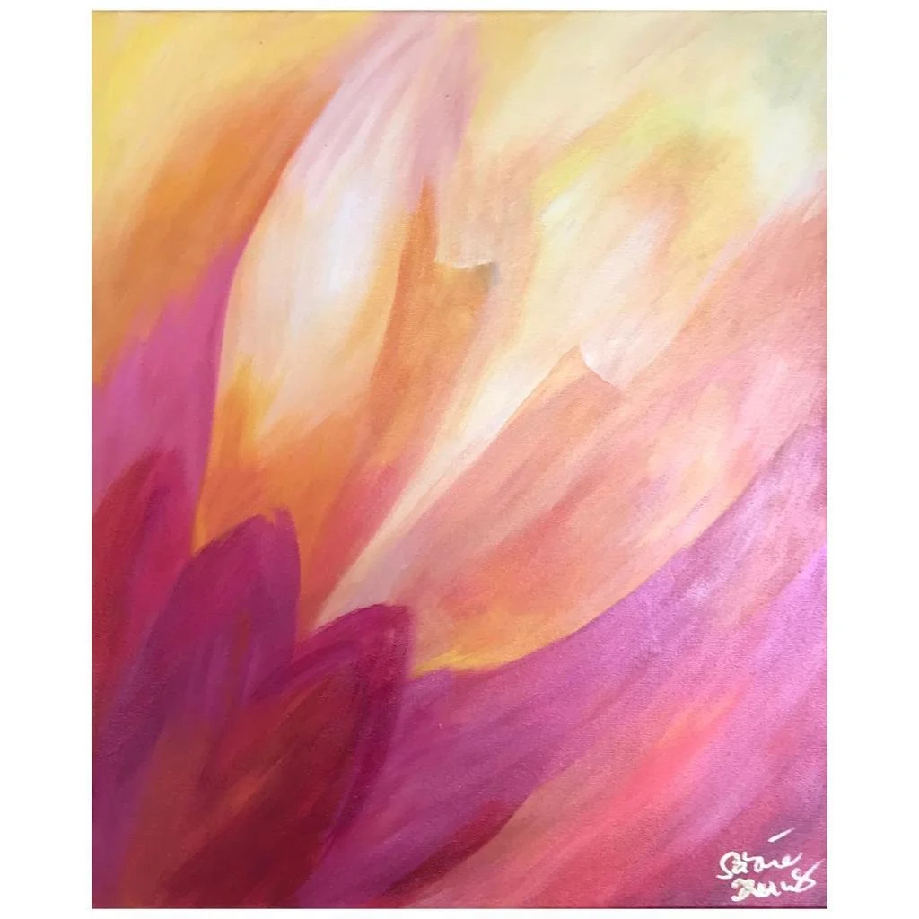 Abstraktes Gemälde mit warmen Farben in Pink, Orange, Gelb und Weiß.