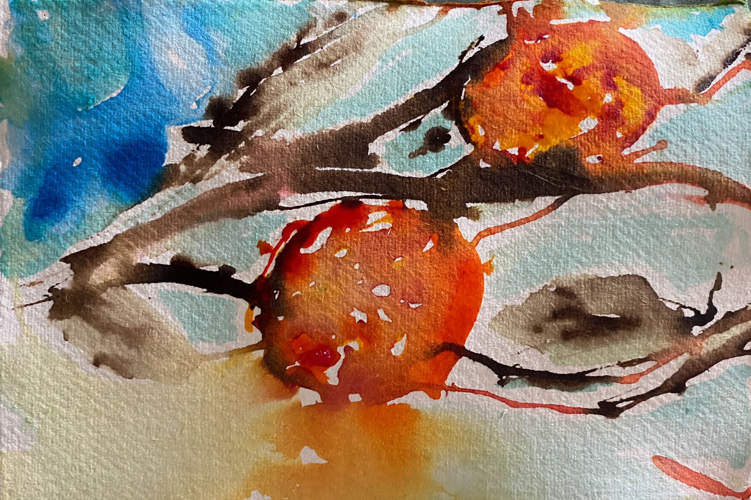 Aquarell Malerei von zwei roten Hagebutten an einem Ast, mit blauem Himmel im Hintergrund.