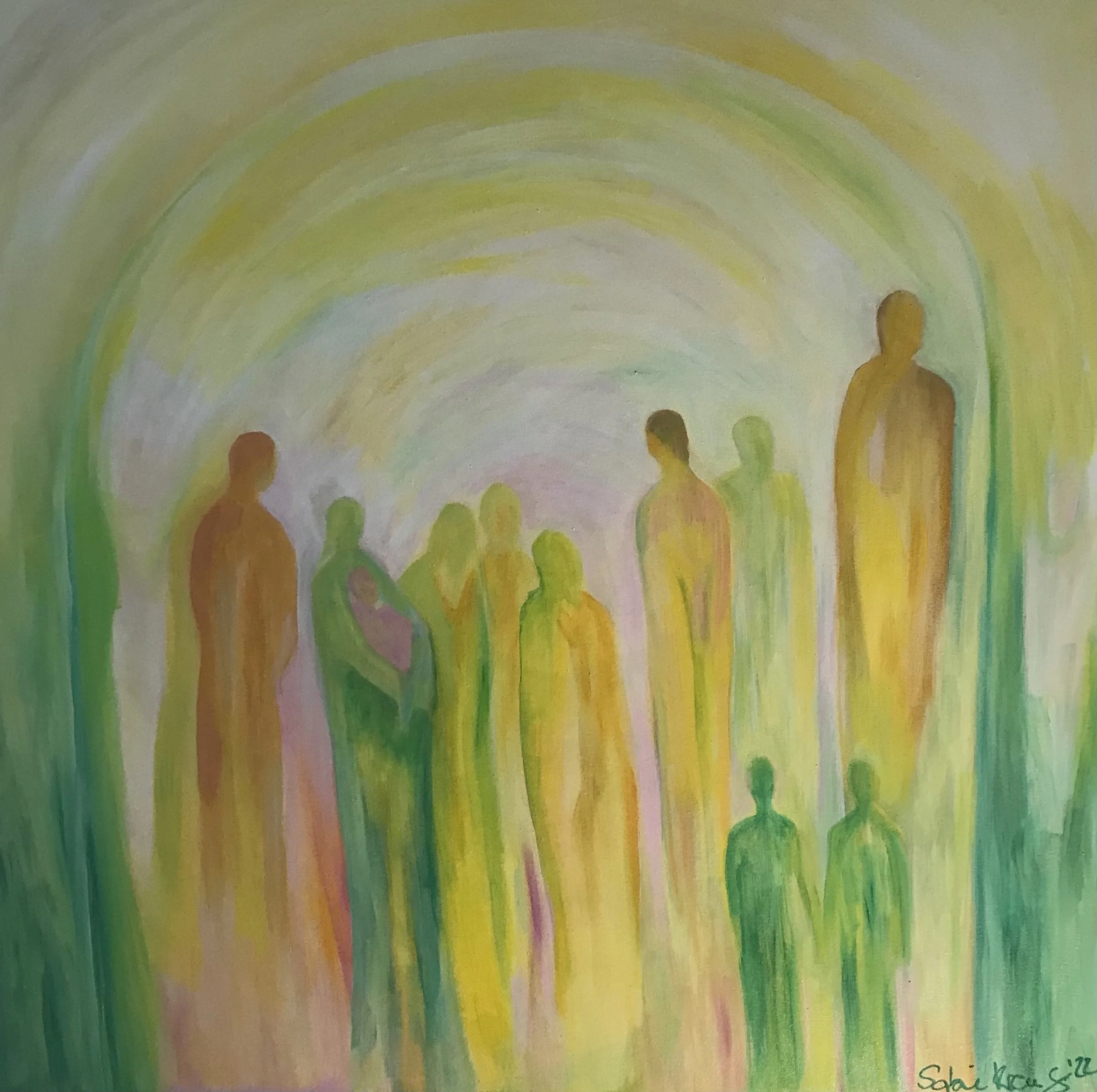 Abstraktes Gemälde mit farbigen, menschlichen Silhouetten in Grün, Gelb, Orange und Braun vor einem hellen, gewölbten Hintergrund in Gelb, Grün und Rosa.