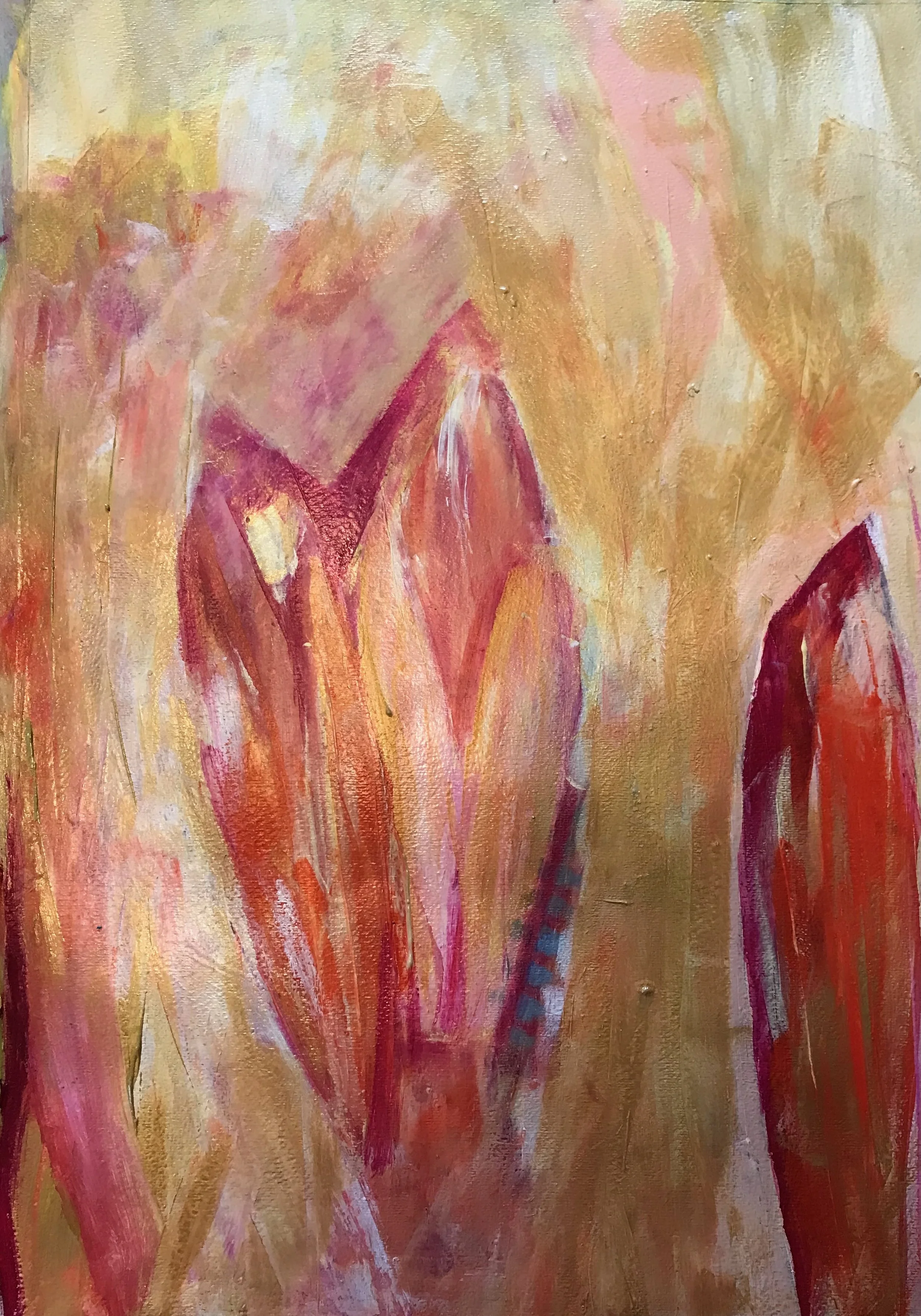 Abstraktes Gemälde mit warmen Tönen, das an Blumen oder Pflanzenspitzen erinnert.