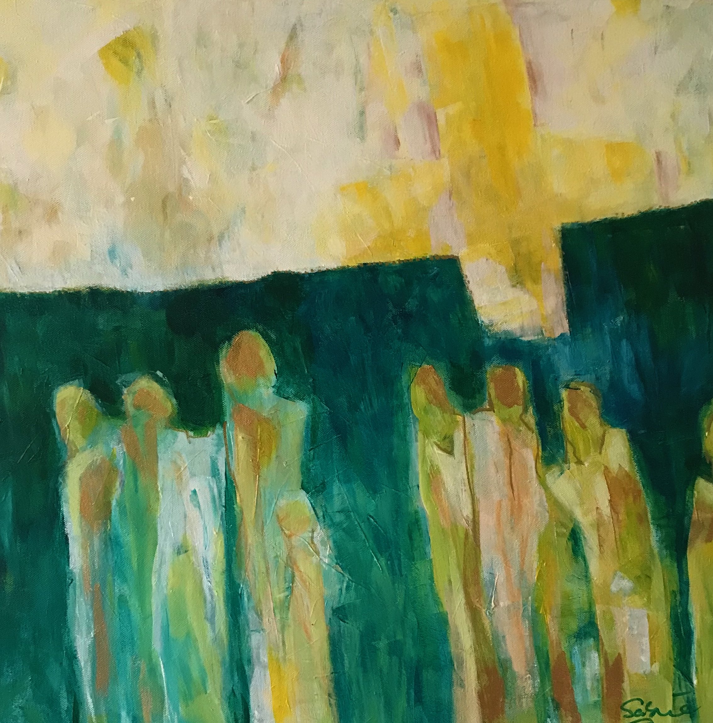 Abstrakte Gemälde mit mehreren stilisierten Figuren in gelb und grün, im Hintergrund helle Farben. Das Gemälde hat eine expressive, moderne Stilrichtung.