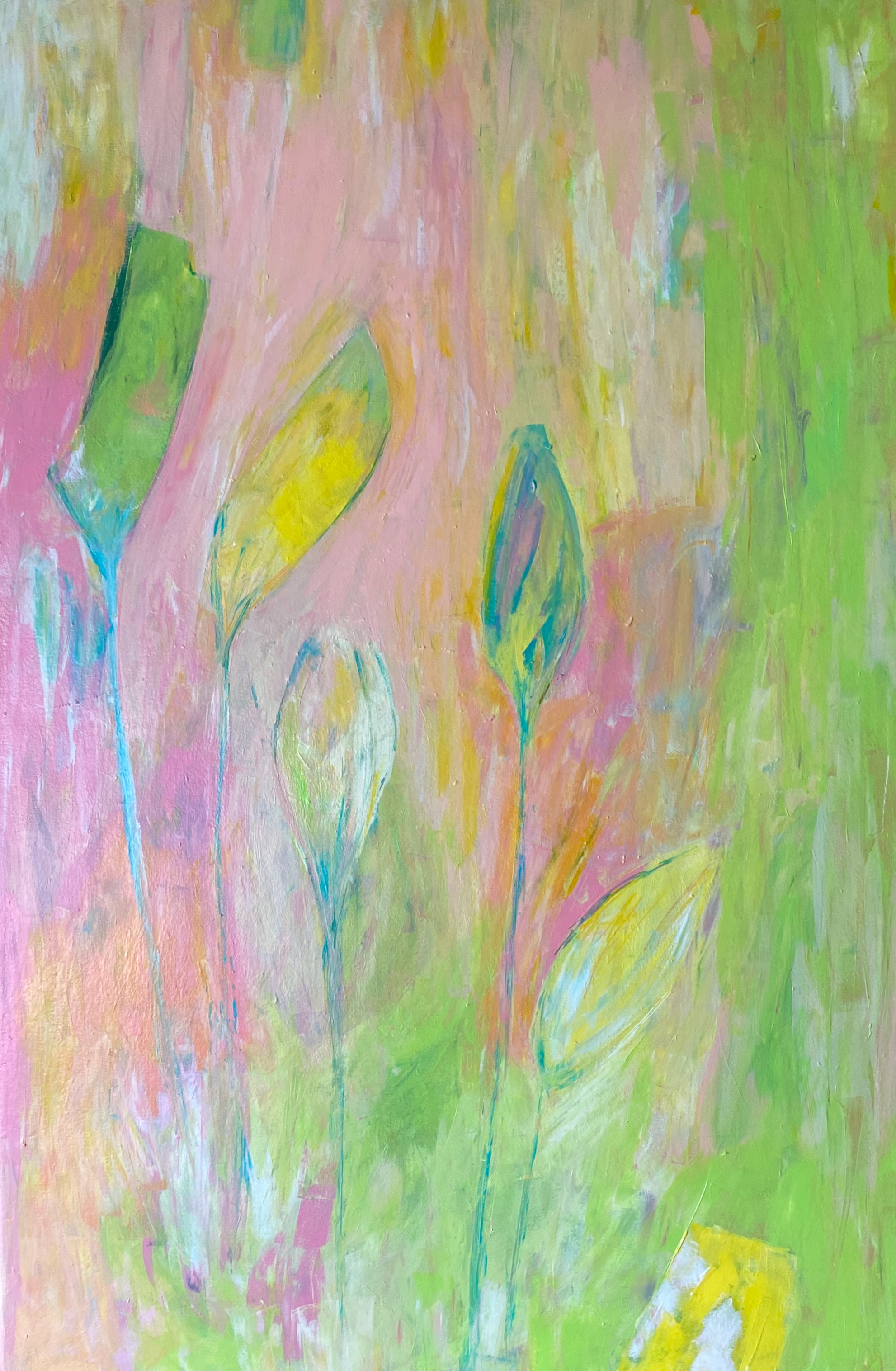 Abstraktes Gemälde mit Blumen in Pastellfarben, hauptsächlich Pink, Grün, Gelb und Blau.