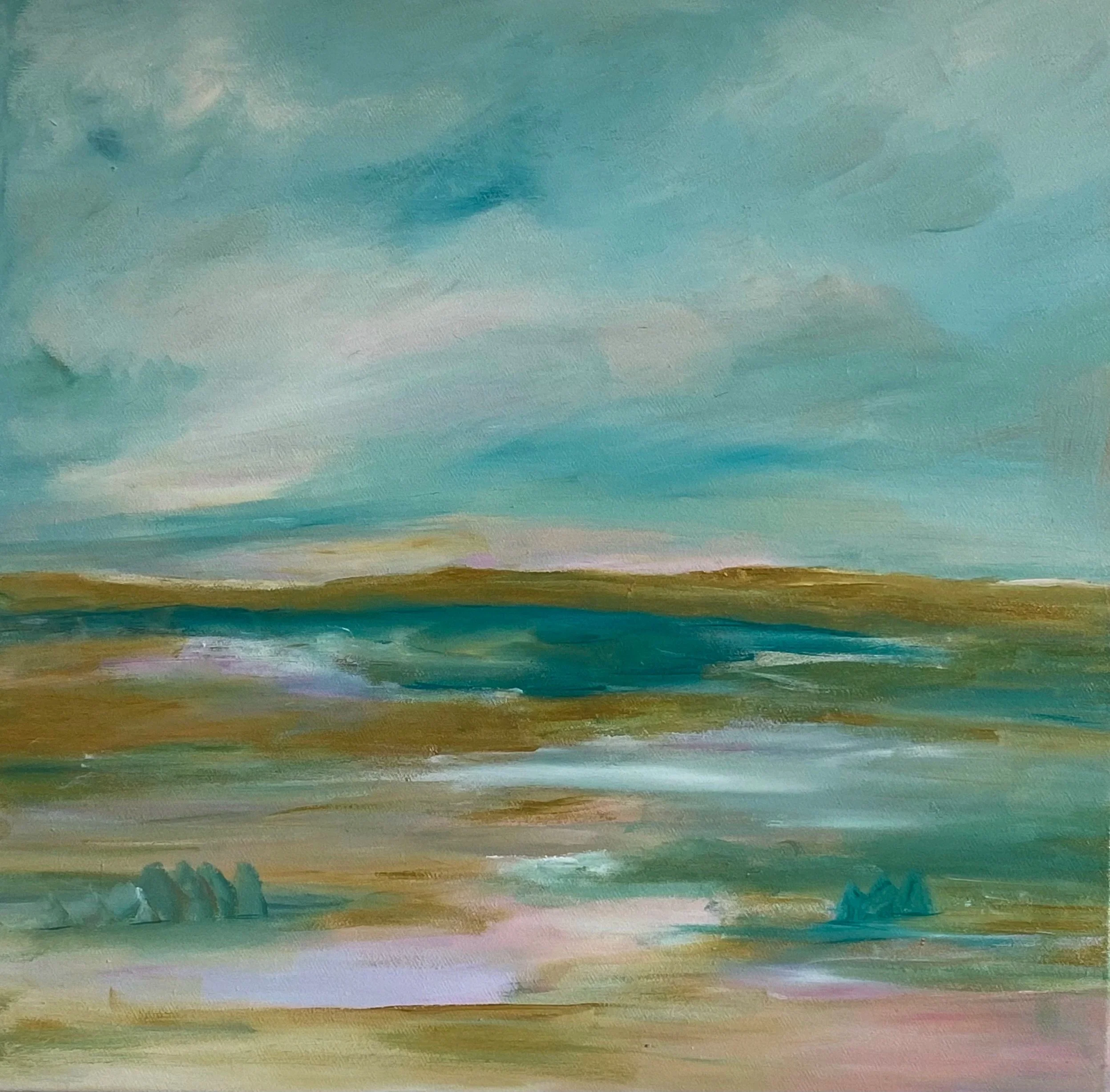 Aquarellmalerei mit horizontal verlaufenden bunten Farbbändern, von oben nach unten in Blau, Grün, Braun, Pink und Weiß.