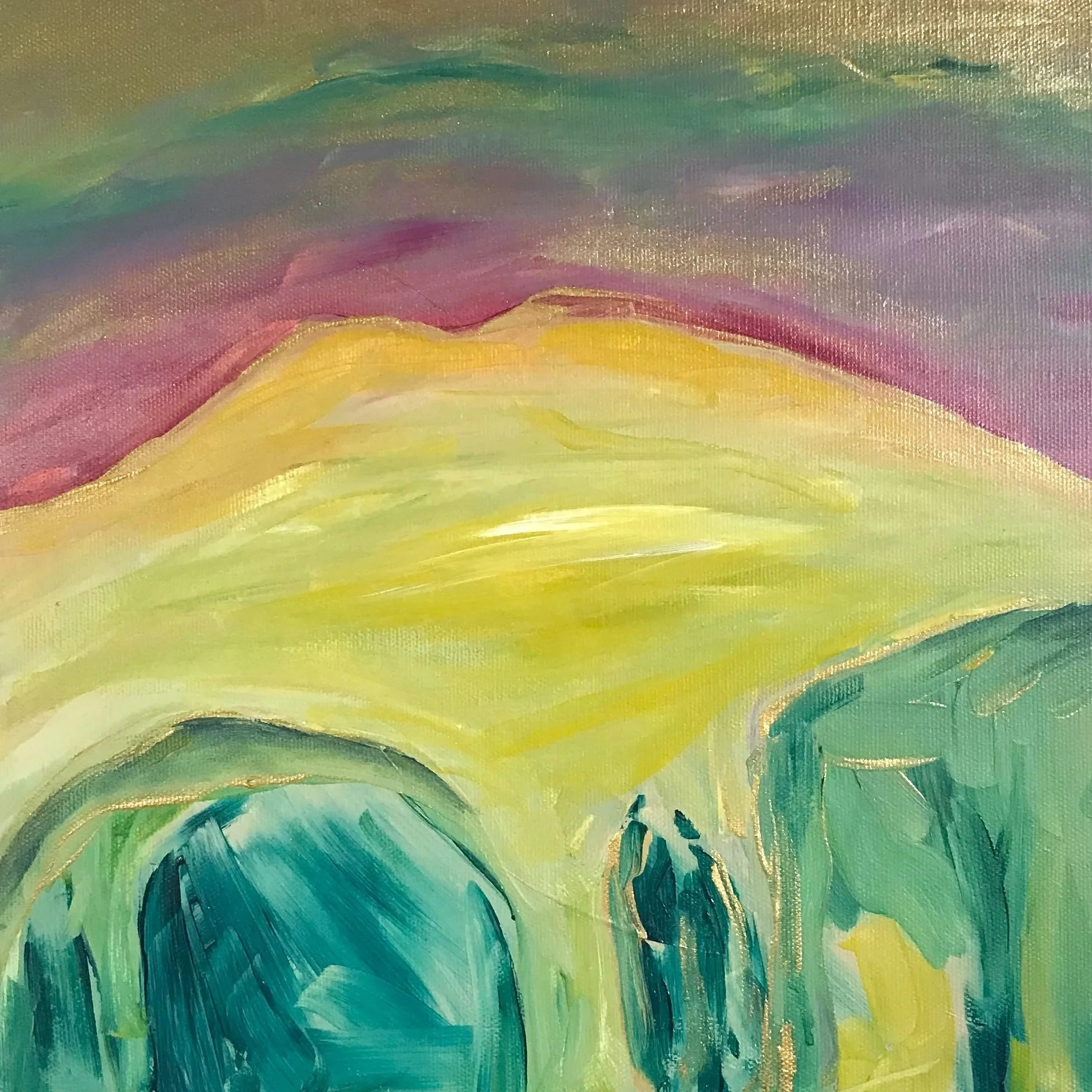 Abstraktes Gemälde mit bunten, wellenförmigen Pinselstrichen in Blau, Gelb, Pink, Grün und Violett.