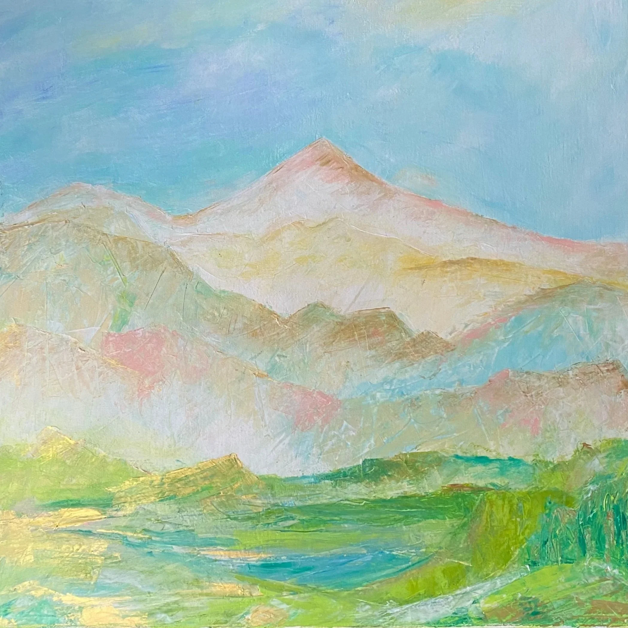 Aquarellbild mit bunten horizontalen Streifen in Blau, Grün, Rosa, Gelb und anderen Farben, die sanft ineinander verlaufen.