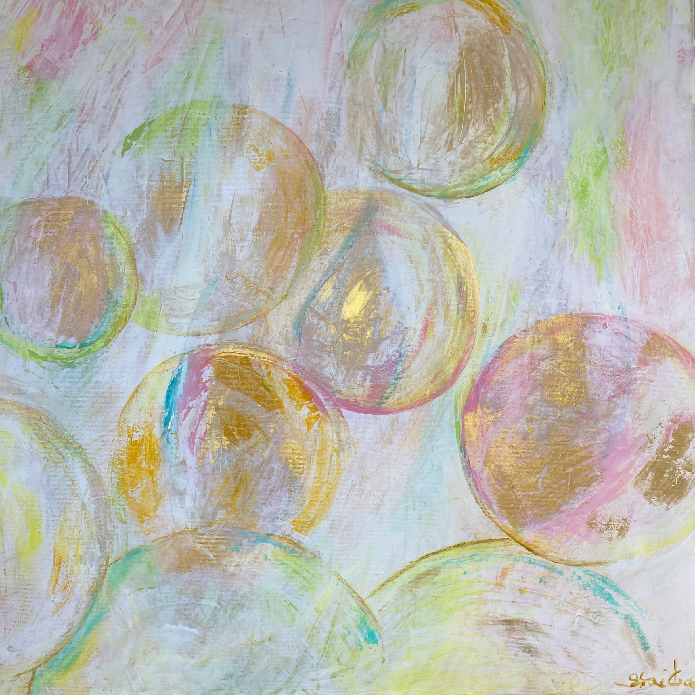 Abstraktes Gemälde mit bunten Kreisen in Pastellfarben