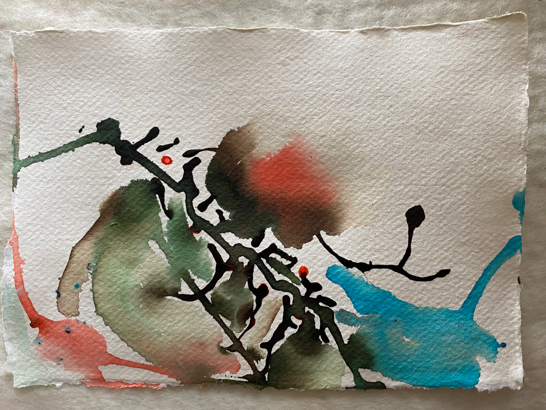 Abstraktes Wasserfarben-Gemälde mit bunten Flecken und schwarzen Linien auf Papier