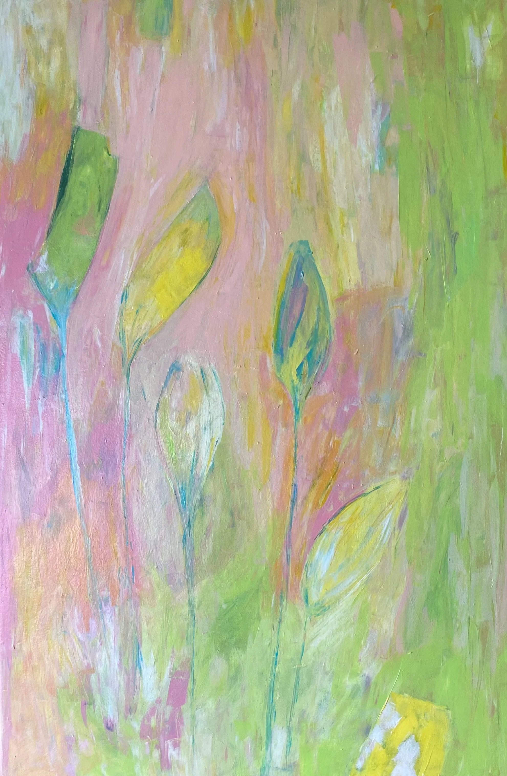 Abstraktes Gemälde mit Blumen in Pastellfarben, überwiegend Rosa, Gelb, Grün und Blau.