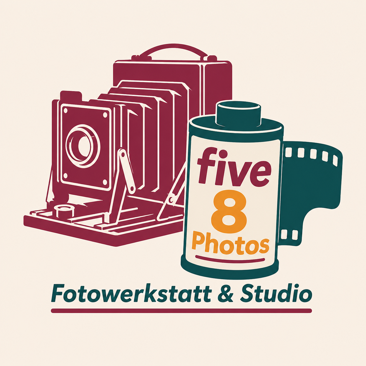 Eine Illustration einer Kamera und einer Filmrolle mit der Aufschrift "five 8 Photos" und dem Text "Fotowerkstatt & Studio" darunter.