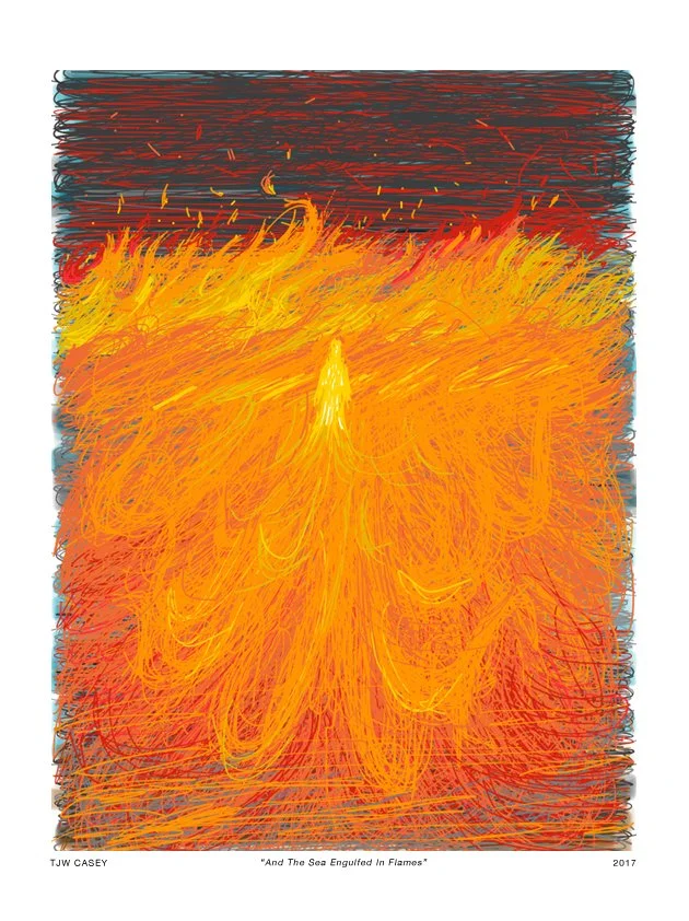 An abstract painting depicting a large flame or explosion with bright orange and yellow colors, set against a dark background, resembling fire engulfing the scene.