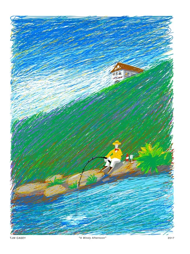 A colorful drawing of a person fishing by a river with a dog, with a house on a hill and a clear blue sky in the background.
