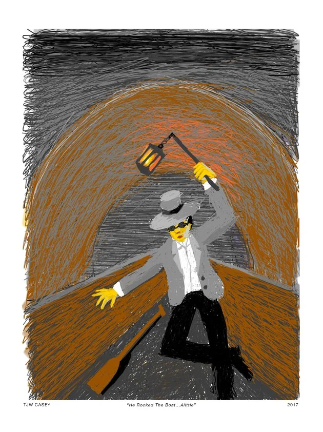 An illustration of a person with a fedora hat, sunglasses, and a gray blazer, holding a lantern in one hand and leaning against a wooden railing at night. The background shows an arched tunnel with orange and gray hues.