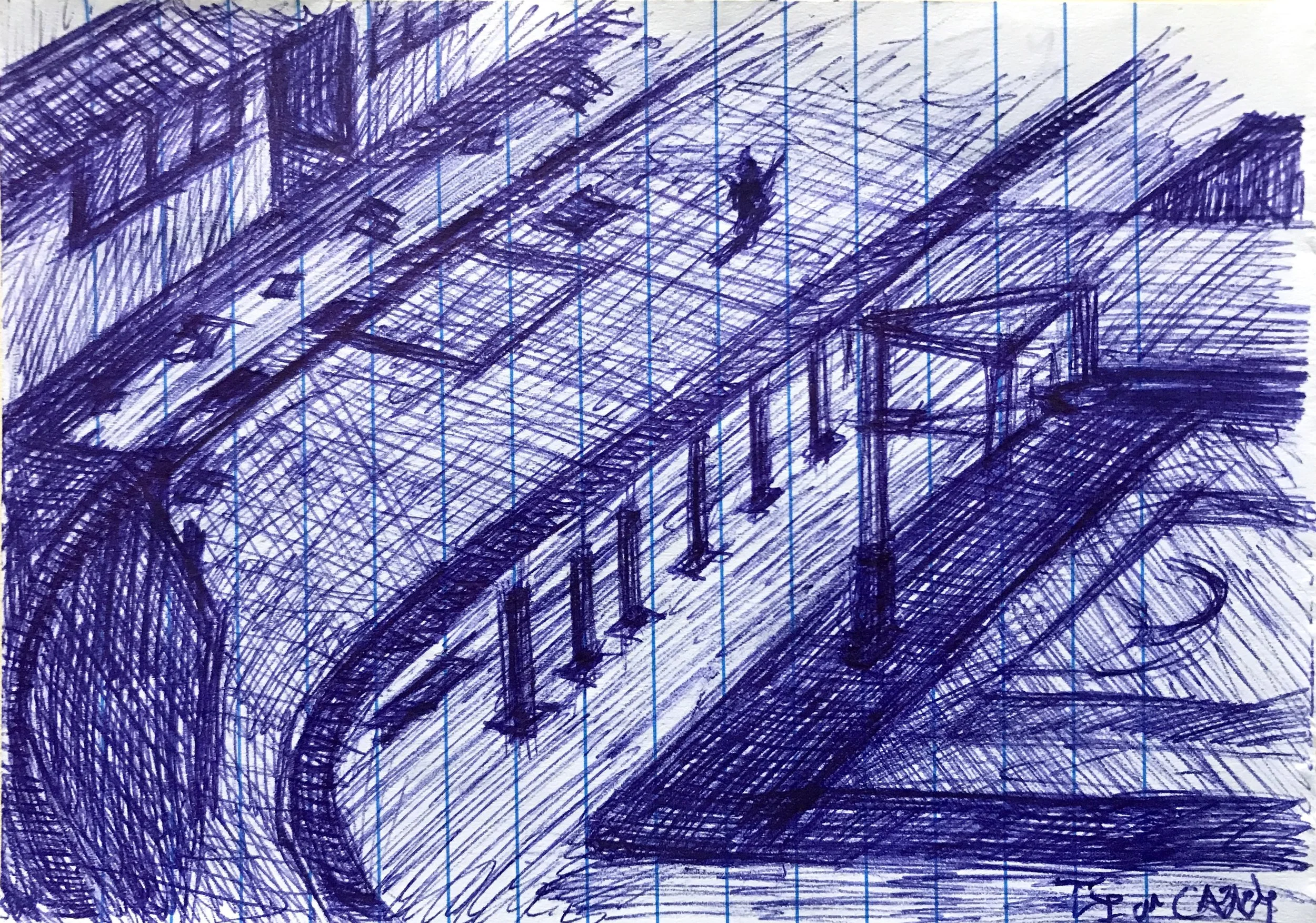Hand-drawn sketch of a modern cityscape with a large curved building, a bridge, and skyscrapers, created with a blue pen on graph paper.