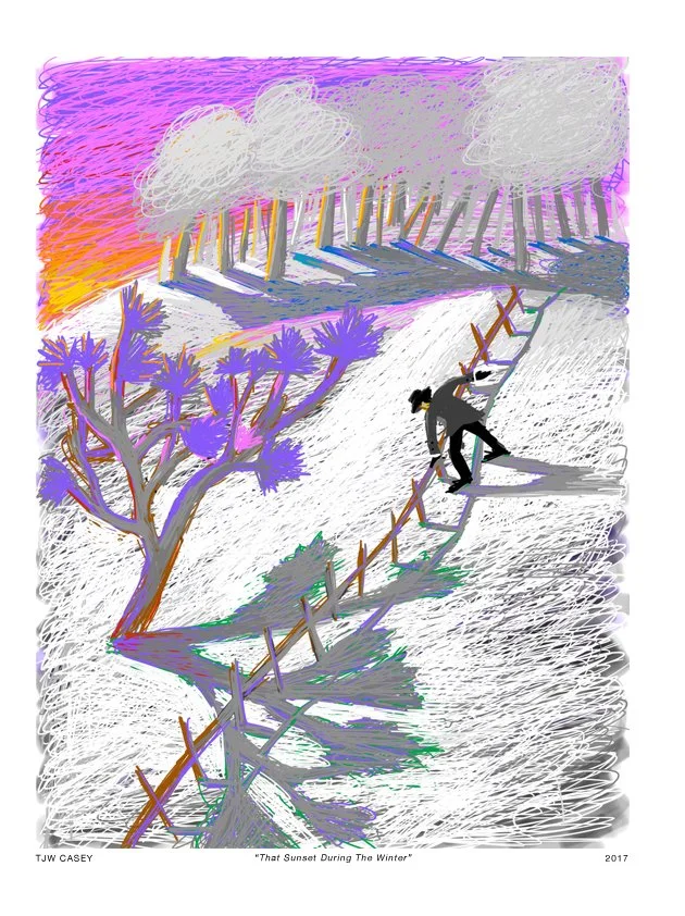 A colorful, abstract drawing of a person with black hair and glasses walking on a wooden pathway in a winter landscape. The scene features a white snow-covered ground, purple trees with bare branches, and the sky painted with vibrant hues of pink, or