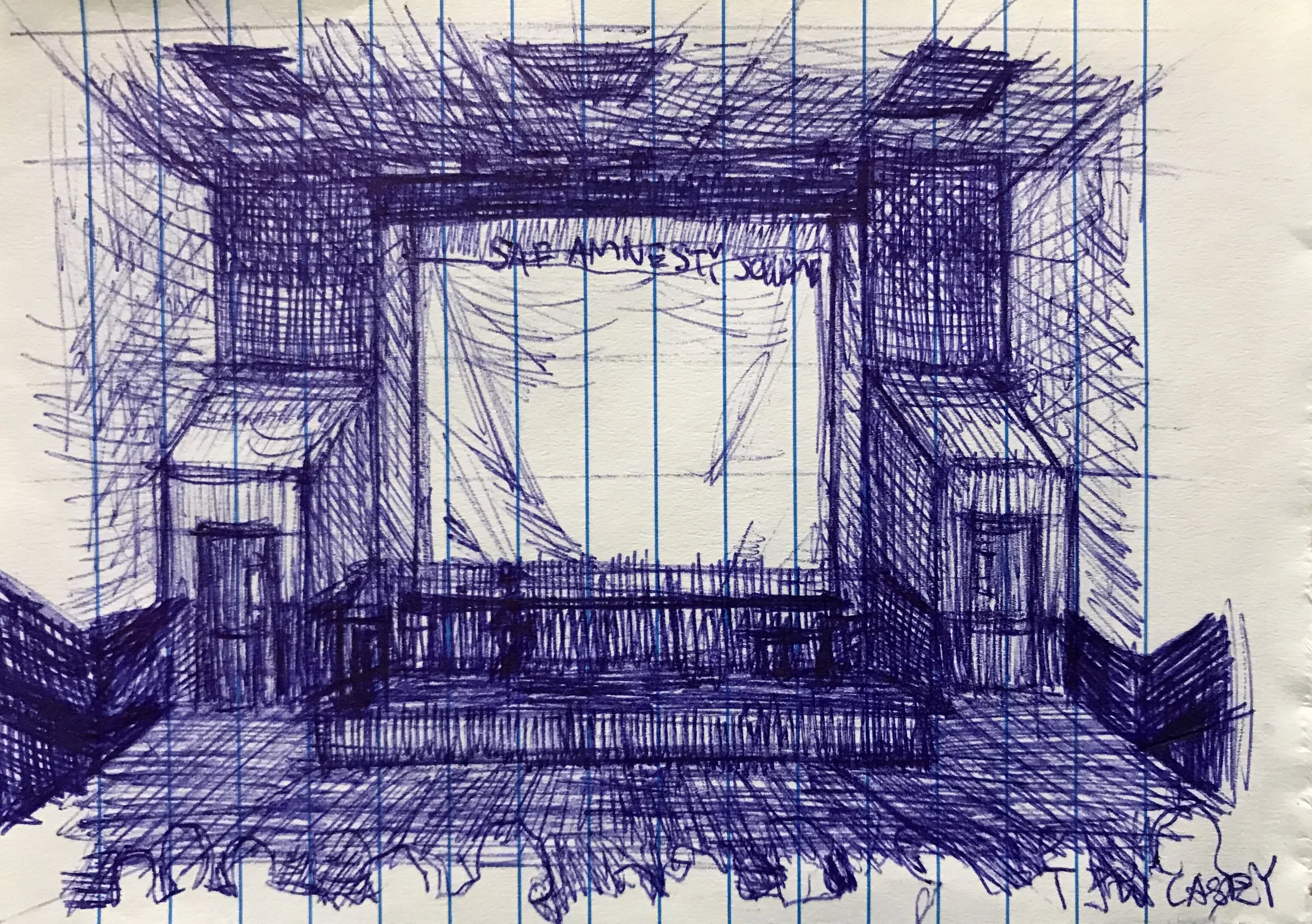 Sketch of an auditorium with a stage, surrounded by shelves, with the phrase 'SAVE AMERICA, SAVE YOURSELF' written above the stage.