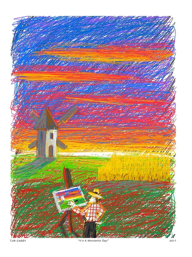 An artist painting a colorful sunset landscape with a windmill in the background and a person wearing a hat in the foreground.