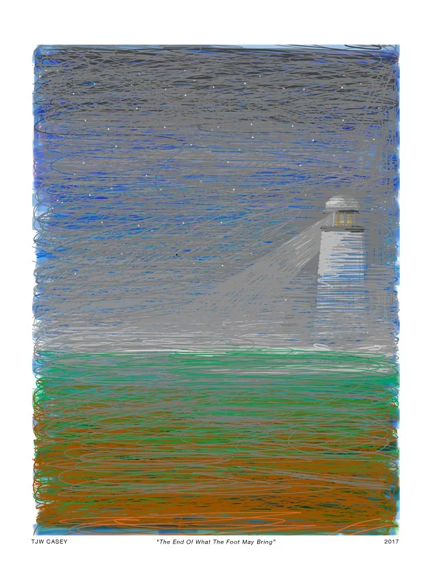 Abstract artwork featuring a house or building with a large ramp, set against a sky and green field, created with colorful, swirling lines.