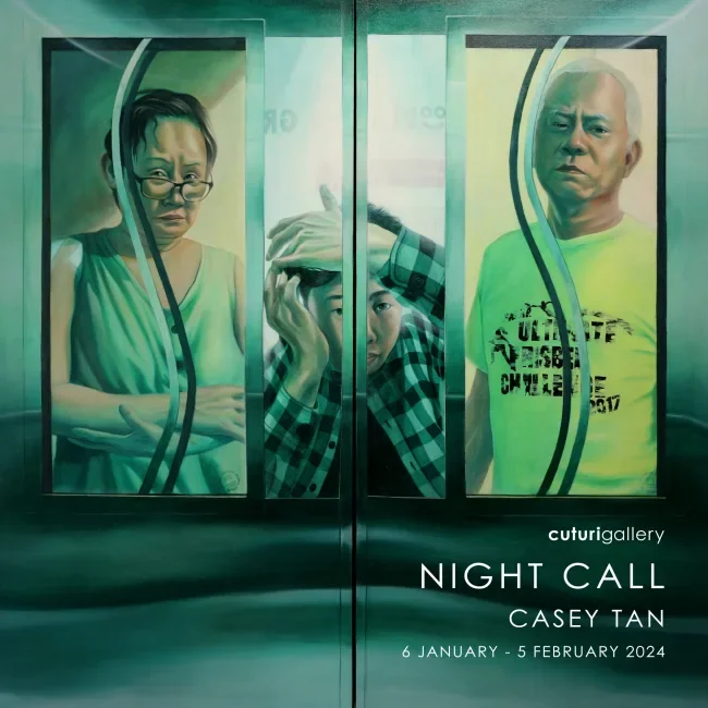 Painting of three people looking out from beyond glass windows in an elevator, with one person in the middle holding their head, and another person on the left wearing glasses and a green outfit, while the person on the right is bald and wearing a yellow shirt. The artwork is promoting Casey Tan's exhibition titled 'Night Call' at Cuturi Gallery from January 6 to February 5, 2024.