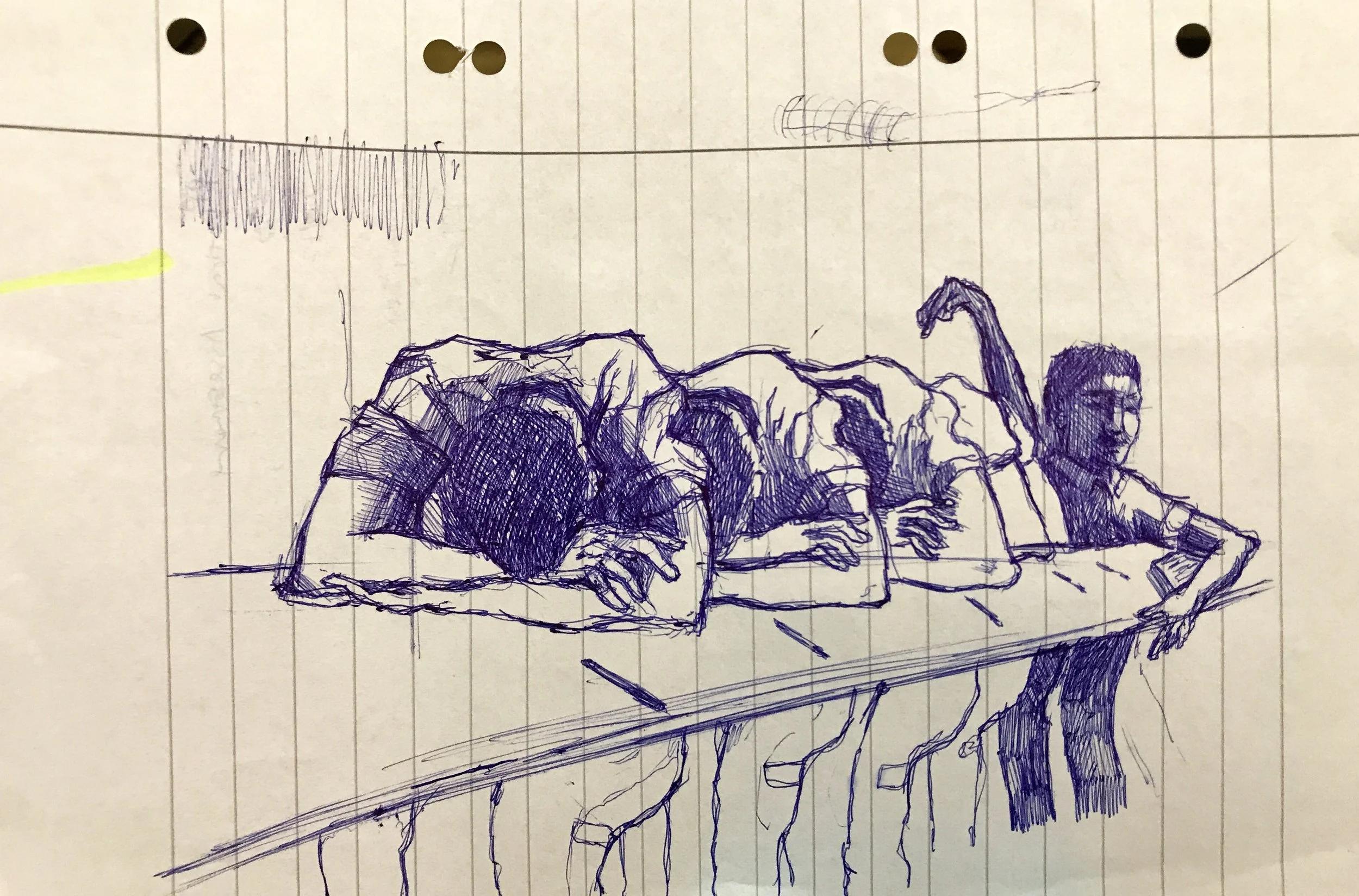 A pen sketch of three people lying face down on a table, with one person resting their head on their arms, another wearing glasses and raising an arm, and a third with their head turned away.
