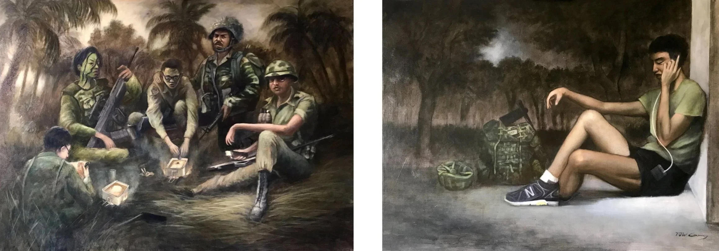 (L) 3 Generations At Field Camp, (R) Admin Time (2017) commissioned by SAF for NS50, Tekong Gallery Collection